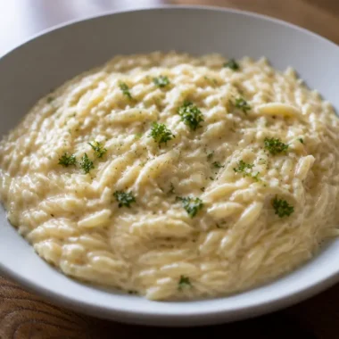 Creamy Garlic Parmesan Orzo served on a plate with herbs