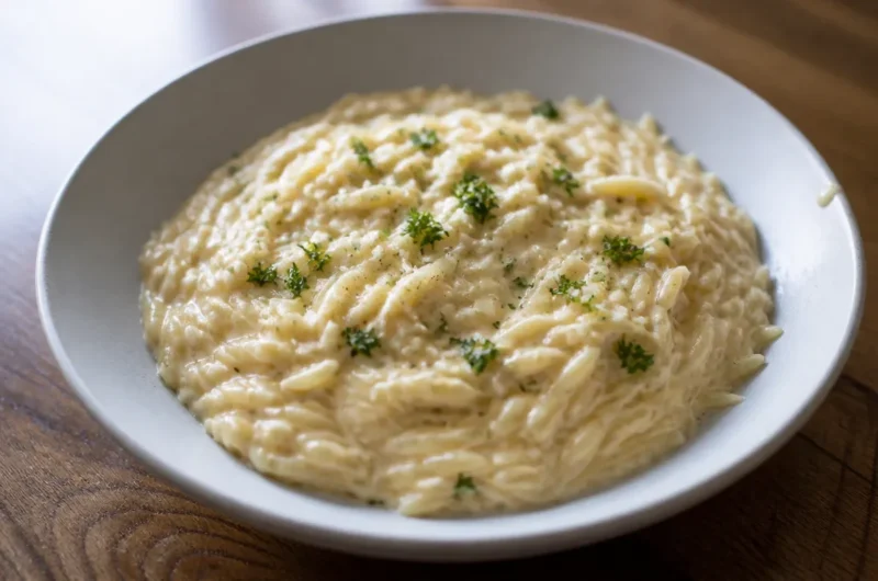 Creamy Garlic Parmesan Orzo served on a plate with herbs
