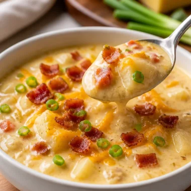 A bowl of creamy loaded potato soup garnished with green onions and bacon.