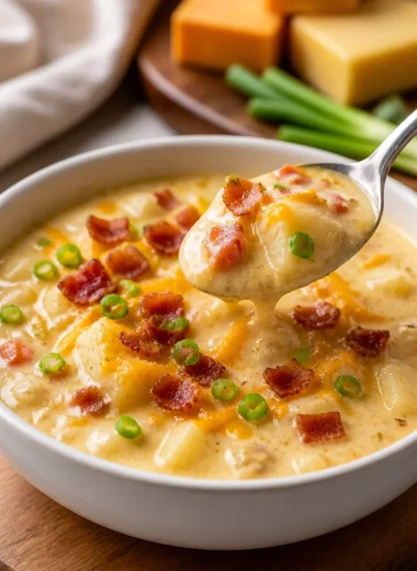 A bowl of creamy loaded potato soup garnished with green onions and bacon.