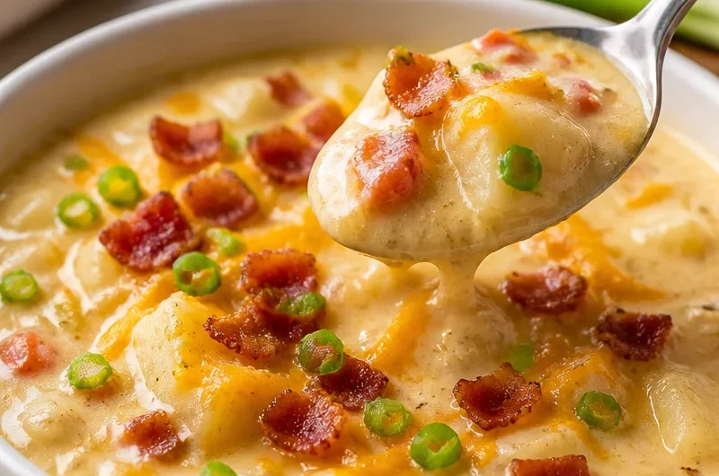 A bowl of creamy loaded potato soup garnished with green onions and bacon.