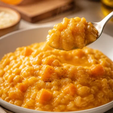 Bowl of creamy pumpkin risotto topped with herbs and parmesan cheese