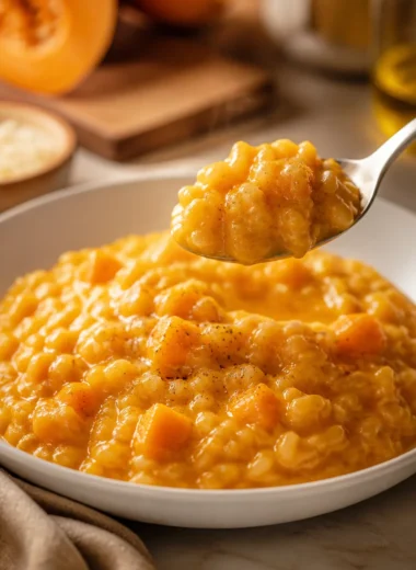 Bowl of creamy pumpkin risotto topped with herbs and parmesan cheese
