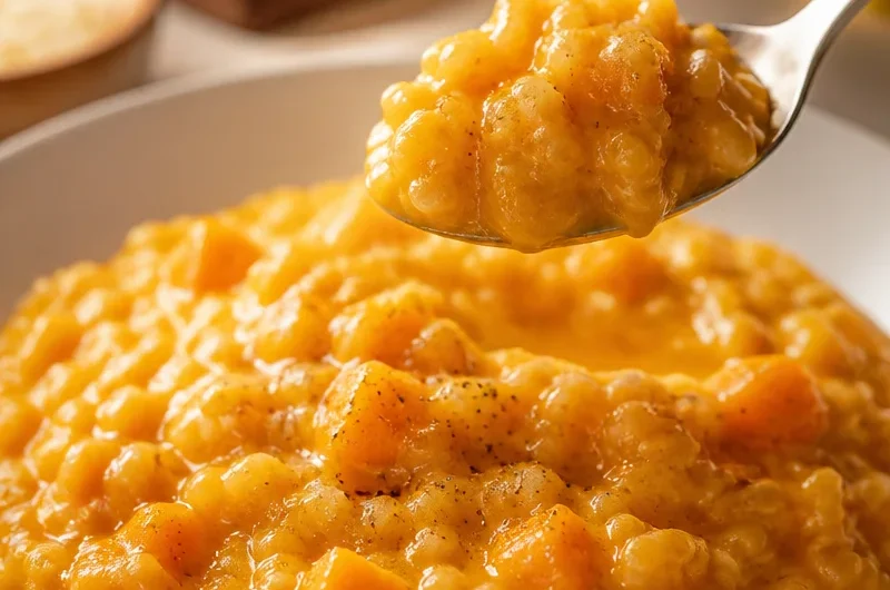 Bowl of creamy pumpkin risotto topped with herbs and parmesan cheese