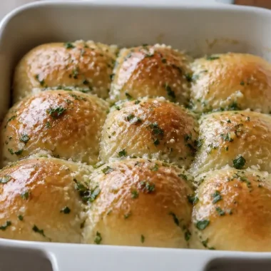 Freshly baked garlic butter bread rolls served warm on a wooden table.