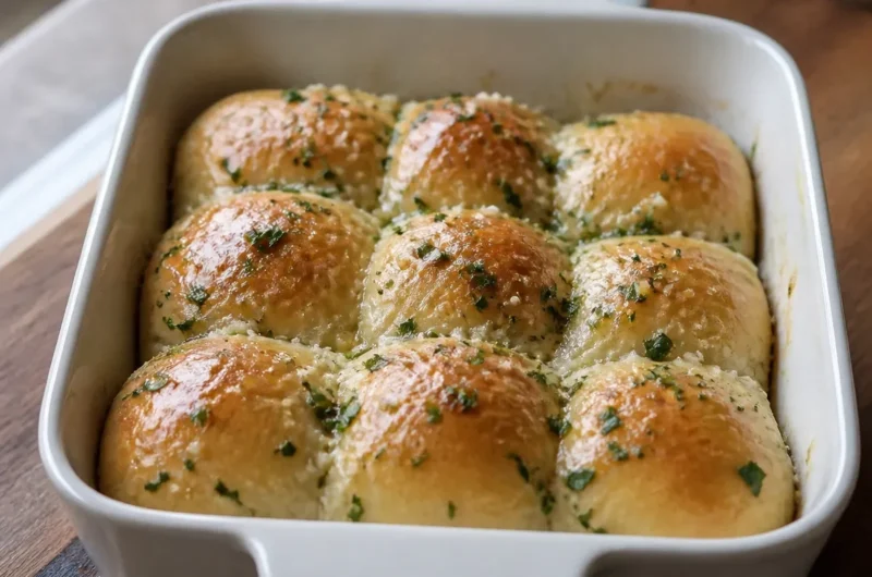 Freshly baked garlic butter bread rolls served warm on a wooden table.