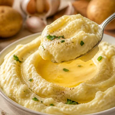 Bowl of creamy garlic butter mashed potatoes garnished with parsley