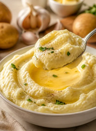 Bowl of creamy garlic butter mashed potatoes garnished with parsley