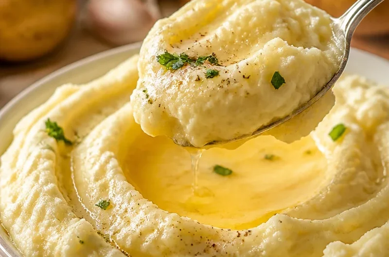 Bowl of creamy garlic butter mashed potatoes garnished with parsley