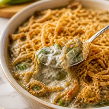 Green bean casserole with homemade mushroom sauce on a festive dinner table.