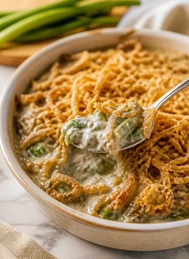 Green bean casserole with homemade mushroom sauce on a festive dinner table.