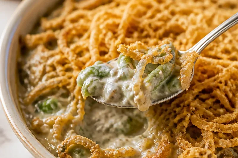 Green bean casserole with homemade mushroom sauce on a festive dinner table.
