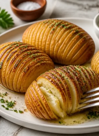 Deliciously baked Hasselback Potatoes with crispy edges and creamy insides.