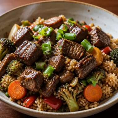 A delicious hibachi steak bowl with marinated steak and fresh vegetables.