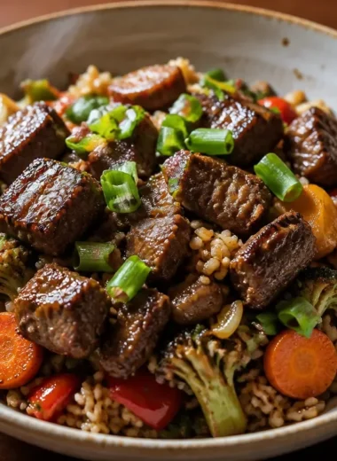 A delicious hibachi steak bowl with marinated steak and fresh vegetables.