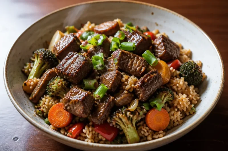 A delicious hibachi steak bowl with marinated steak and fresh vegetables.