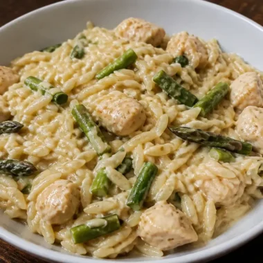 High Protein Chicken Orzo dish served in a bowl