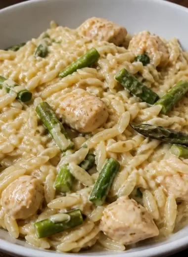 High Protein Chicken Orzo dish served in a bowl