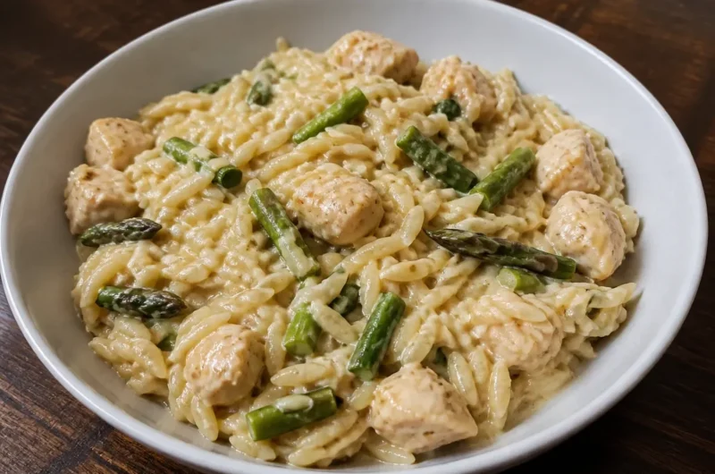High Protein Chicken Orzo dish served in a bowl