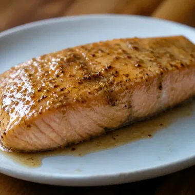 Plate of Honey Mustard Salmon garnished with herbs and served with vegetables.