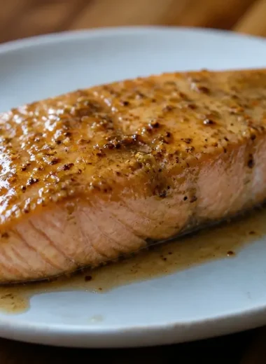 Plate of Honey Mustard Salmon garnished with herbs and served with vegetables.