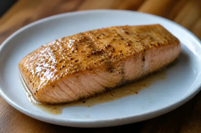 Plate of Honey Mustard Salmon garnished with herbs and served with vegetables.