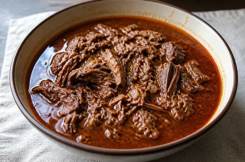 Delicious bowl of Mexican Birria de Res served with fresh herbs and tortillas.