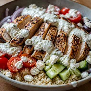 Delicious Minute Greek Chicken Bowl with fresh veggies and herbs