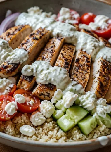 Delicious Minute Greek Chicken Bowl with fresh veggies and herbs