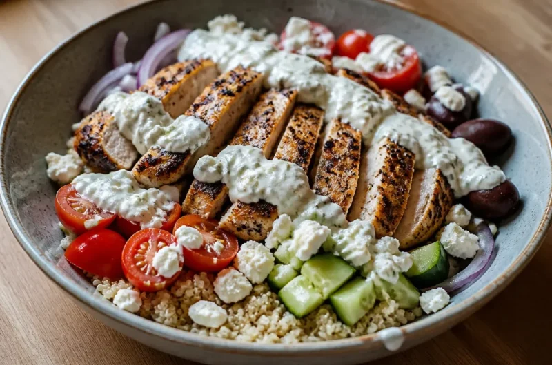 Delicious Minute Greek Chicken Bowl with fresh veggies and herbs