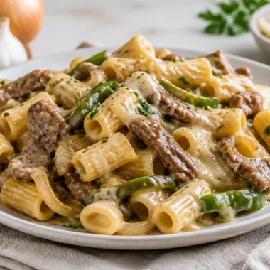 Delicious Minute Philly Cheese Steak Pasta in a bowl with steak, peppers, and cheese