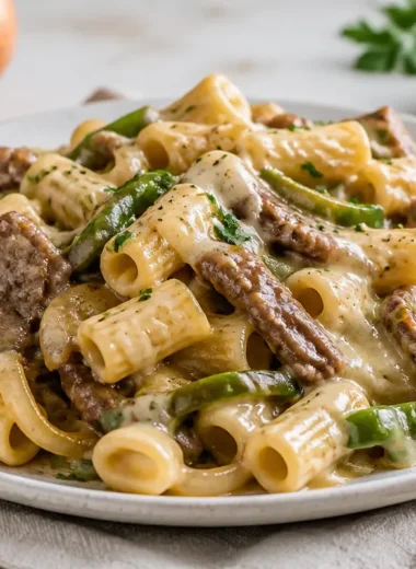 Delicious Minute Philly Cheese Steak Pasta in a bowl with steak, peppers, and cheese