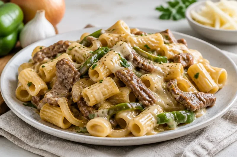 Delicious Minute Philly Cheese Steak Pasta in a bowl with steak, peppers, and cheese