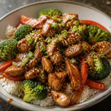 Delicious Minute Teriyaki Chicken Rice Bowl featuring tender chicken and vibrant veggies.