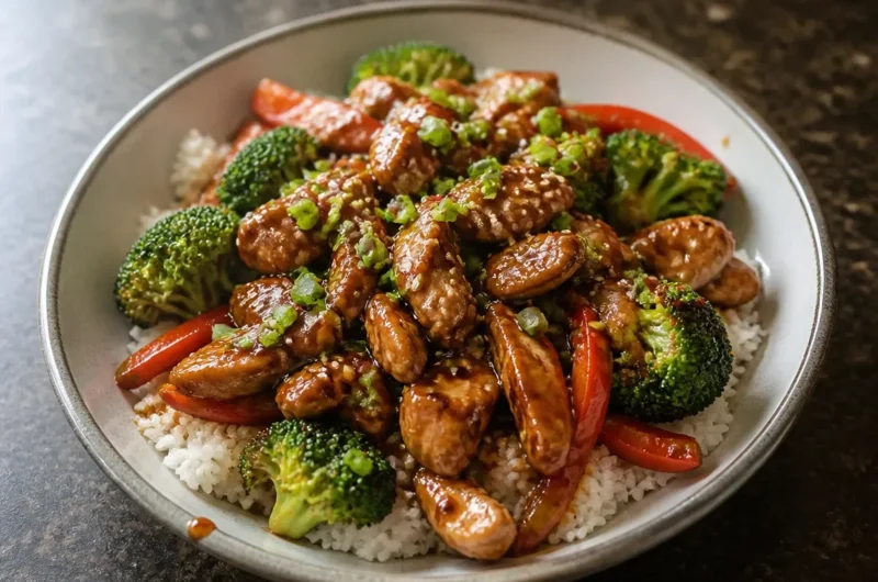 Delicious Minute Teriyaki Chicken Rice Bowl featuring tender chicken and vibrant veggies.