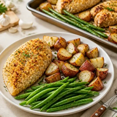 Parmesan Crusted Chicken with vegetables on a sheet pan for an easy dinner
