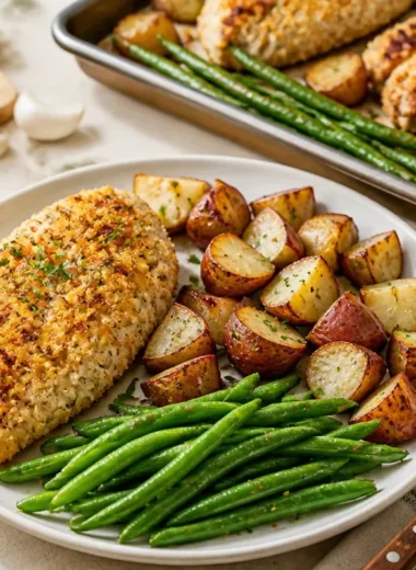 Parmesan Crusted Chicken with vegetables on a sheet pan for an easy dinner