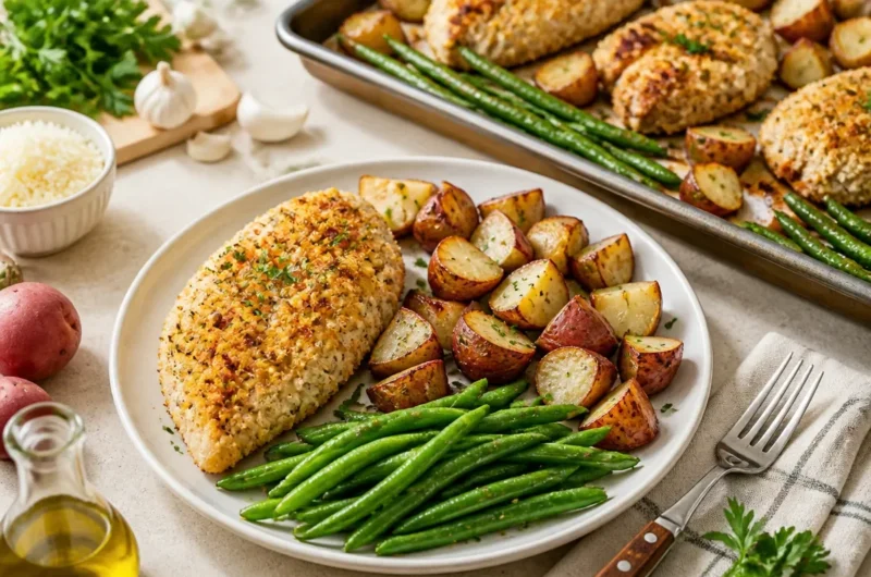 Parmesan Crusted Chicken with vegetables on a sheet pan for an easy dinner