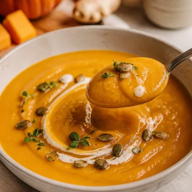 A bowl of creamy pumpkin soup with ginger garnished with herbs