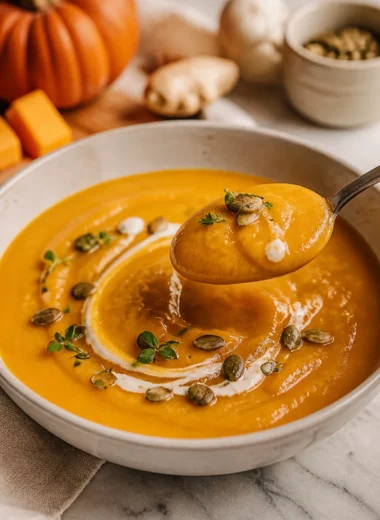 A bowl of creamy pumpkin soup with ginger garnished with herbs