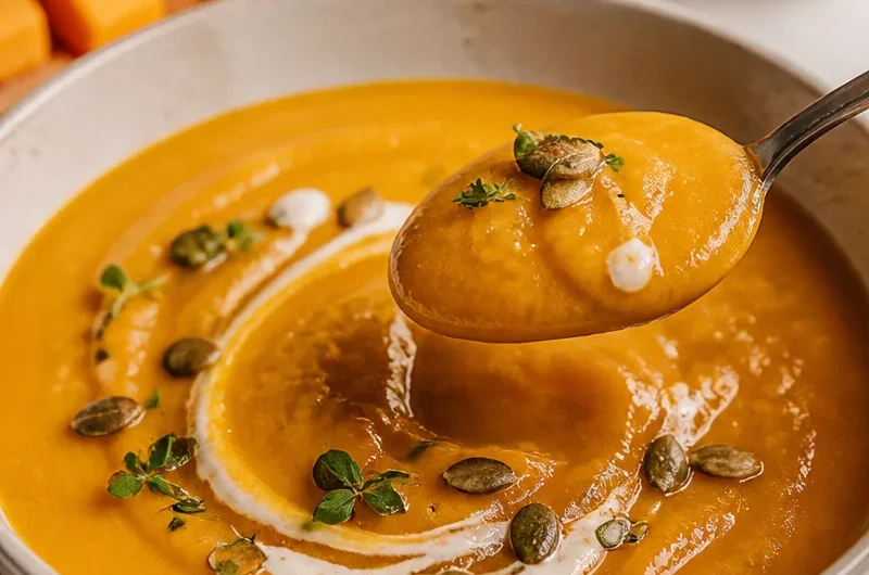 A bowl of creamy pumpkin soup with ginger garnished with herbs