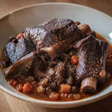 Plate of red wine braised short ribs served with vegetables