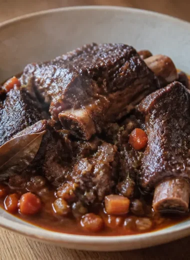 Plate of red wine braised short ribs served with vegetables