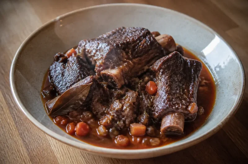 Plate of red wine braised short ribs served with vegetables