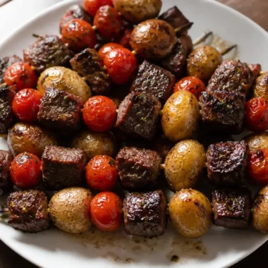 Rosemary garlic steak kebabs cooking on a grill
