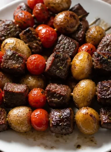 Rosemary garlic steak kebabs cooking on a grill