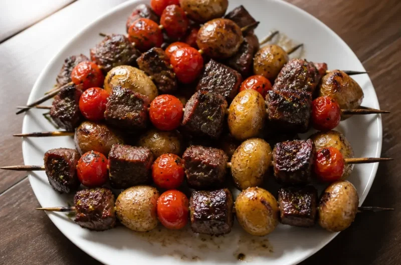 Rosemary garlic steak kebabs cooking on a grill