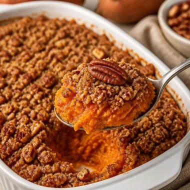 Sweet potato casserole with golden pecan streusel topping
