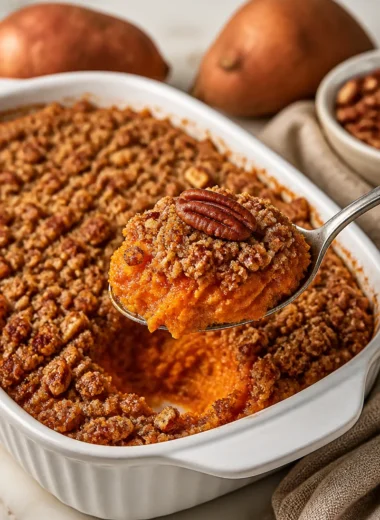 Sweet potato casserole with golden pecan streusel topping