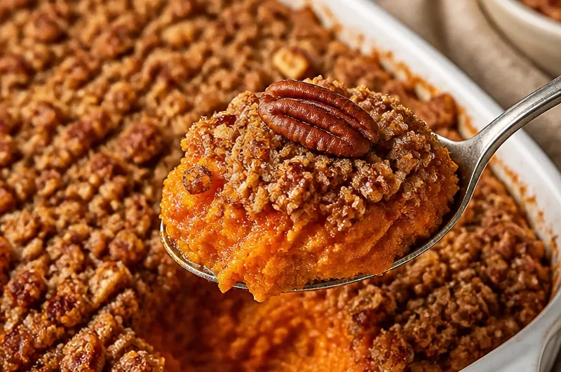 Sweet potato casserole with golden pecan streusel topping